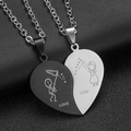 Matching cat couple heart pendants in black and silver steel with Love You engraving - Love You Engraving / Black & Silver Lovers (Pair + Chains)