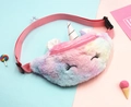Detail of plush unicorn waist bag with rainbow faux fur and adjustable pink strap - Light Blue