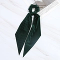Dark green pleated velvet bow scrunchie with long ribbons on marble background - Dark Green