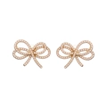 Elegant gold-tone bow stud earrings featuring white pearls and minimalist sparkling rhinestones - Pearl