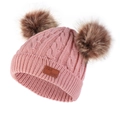 Pink cable knit winter hat for kids featuring double brown fur pom-poms and leather patch - Dusty Pink Hat (Brown Pom Pom)