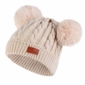 Detail of chunky knit baby hat with two pink pom-poms and leather logo patch in beige - Beige Hat (Beige Pom Pom)