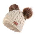 Cozy cream knit beanie for kids with dual brown faux fur pom poms and cable pattern - Beige Hat (Brown Pom Pom)