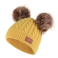 Winter knit baby hat in bright yellow with double brown faux fur pom-poms and leather patch - Ginger Hat (Brown Pom Pom)