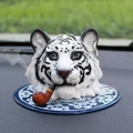 Realistic white tiger resin car ornament with pipe and blue floral nonslip mat - White Tiger Head (B)