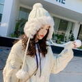 White knitted winter trapper hat for women with faux fur trim and dual pom-poms - M (56-58cm) / Cream