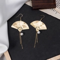 Chinese style folding fan earrings with gold finish, white pearls and long tassel fringe - E2536 Gold/Crane Tassel