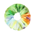 Close-up of soft velvet tie-dye scrunchie in vibrant green, blue, and orange gradient - Tie-Dye Green Multicolor