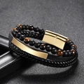 Pulsera multicapa de hombre con ojo de tigre, cuero negro y cierre magnético dorado - Dorado Ojo De Tigre Amarillo 3 Capas