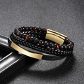 Pulsera de cuero para hombre con cuentas ojo de tigre de 6mm y cierre magnético dorado - Dorado Ojo De Tigre Rojo 3 Capas