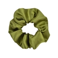 Detailed view of dark green satin scrunchie showing smooth fabric texture and glossy sheen - Olive Green