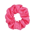 Detail shot of hot pink satin scrunchie showing glossy fabric texture and elastic design - Hot Pink