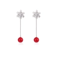 S925 silver snowflake drop earrings with red pearl pendants and sparkling crystals - Snowflake Studs + Red Pearl Drop