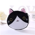 Cute black and white plush cat head coin purse with zipper and metal bead chain - Black & White