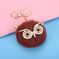 Brown fluffy faux fur owl keychain with gold sequins and metal lobster clasp - 8cm / Caramel