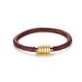 Brown braided leather bracelet with wavy golden metal magnetic clasp for students - Red