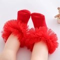 Toddler girl red lace ruffle trim socks in soft cotton blend for formal dance occasion - S (2-4 Years) / Red