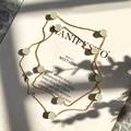 Long collier chaîne dorée avec plusieurs pendentifs carrés en cristal vert clair - Or + Bleu Clair