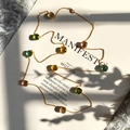 Long gold necklace featuring faceted green, amber and brown crystal gemstones - Gold + Multicolor Mix 2