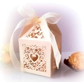 Pink laser-cut heart favor box with beige ribbon for weddings and Valentine gifts - Jewelry Star/Beige
