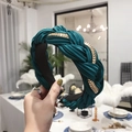 Deep green pleated fabric headband with braided gold metal chain detail for women - Green