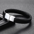 Men's hand-woven black leather bracelet featuring a polished silver magnetic clasp - 20.5CM / Silver Buckle Black Leather