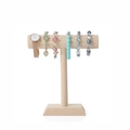 Solid wood T-bar jewelry stand displaying watches and bracelets in natural wood finish - Low Style 22cm