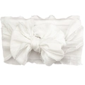 Detail of white chiffon lace headband for babies featuring a layered ruffled bow - White