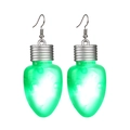 Detailed view of green LED Christmas light bulb earrings with silver hooks on white background - Green Earrings