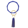 Dark blue silicone ring keychain with golden metal clasp and leather tassel accessory - Blue