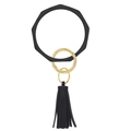 Black silicone geometric keychain bracelet with gold metal rings and a leather tassel - Black