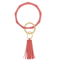 Coral pink silicone bead bracelet keychain with geometric facets and leather tassel - Coral Red