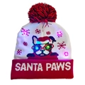 Red knit beanie with LED lights, Santa Paws text and pom-pom for Christmas - Cartoon Dog