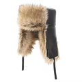 Winter ushanka hat featuring black leather shell and thick brown faux fox fur ear flaps - Faux Dog Fur Color