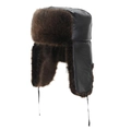 Detail of winter trapper hat with faux leather shell and thick brown faux fur lining - Coffee Brown
