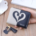 Short bi-color tassel wallet with heart stitching and cute rabbit charm in blue and grey - Black
