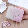 Women's short pink and grey wallet with heart stitching and rabbit tassel charm - Light Pink