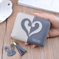 Short zipper wallet in grey color block design with heart patch and bunny tassel charm - Gray