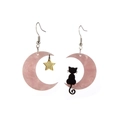 Orecchini asimmetrici gatto e luna rosa con stelle dorate per uno stile carino - Rosa Stella Gatto