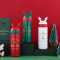 Christmas thermos bottle with cute reindeer antlers in festive red, green and white - 330ML / Multicolor