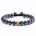 Bracelet ajustable en hématite avec une perle centrale rayée arc-en-ciel - Pierre Magnétique Noire Tissée