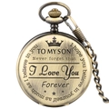 Detailed view of bronze pocket watch engraved with TO MY SON I Love You message - Antique Bronze