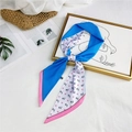 Blue and white silk scarf with horse print and pink borders used as a handbag ribbon - Blue Pink Horse Block