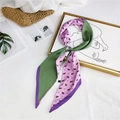 Long silk scarf with purple, pink, and green horse print displayed on a white background - Green Purple Horse Block