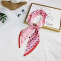Silk long scarf with pink base and red blue polka dots tied on a white bed sheet - Pink Blue Polka Dot