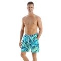 Men's quick-dry swim trunks featuring blue tropical leaf print and white drawstring - Big Blue Leaf