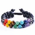 Bracelet ajustable double couche en pierres 7 chakras et perles de lave noire mate - Style Pierre Mate
