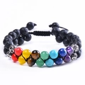 Bracelet tressé double couche en pierre de lave noire et sept pierres de chakra - Style Pierre de Lave