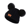 Close-up of winter knit hat with fluffy black faux fur pom-poms and brown leather patch - Black Hat (Black Pom Pom)