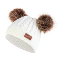 Detailed knit texture of children winter hat with dual faux fur pom-poms and leather tag - White Hat (Brown Pom Pom)